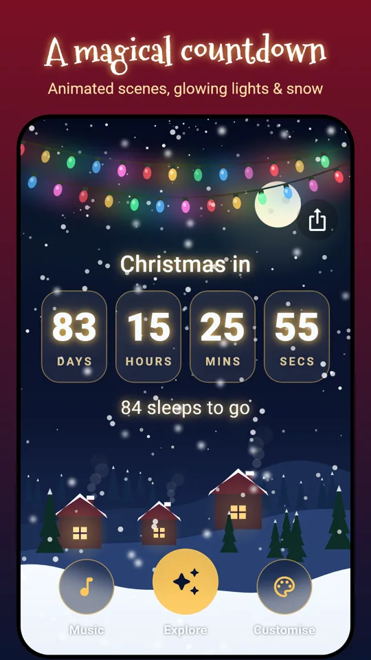 Christmas Countdown home screen with a glowing snowy village and the countdown