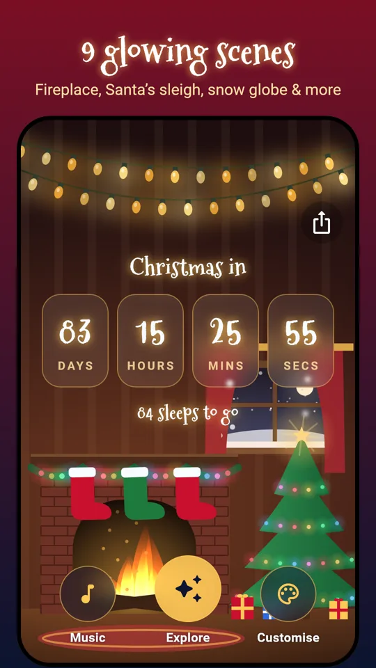 Animated Christmas scenes: snowy village, fireplace, Santa sleigh and northern lights