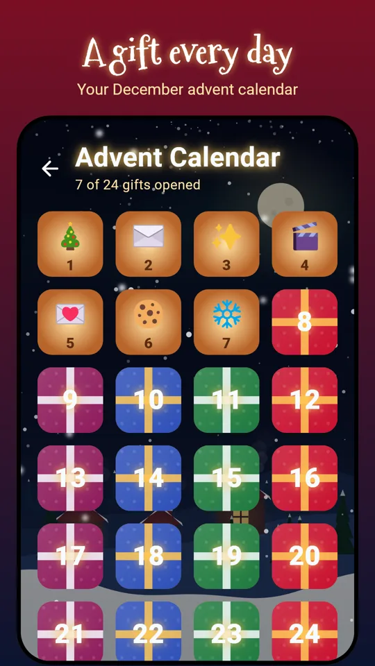 Christmas advent calendar app with a gift every day of December